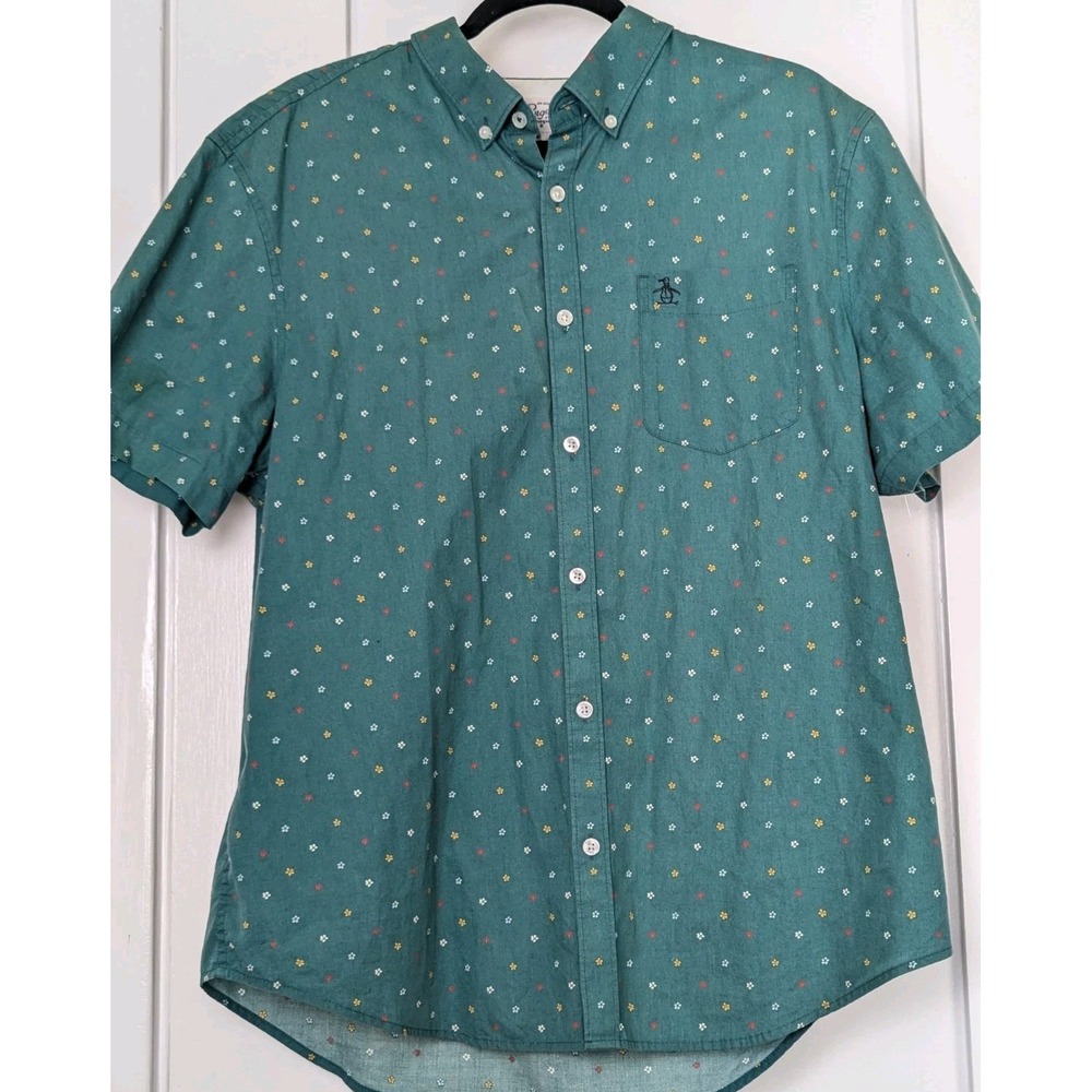 Original Penguin Shirt Mens XL Teal Floral Button Front Short Sleeve Pocket